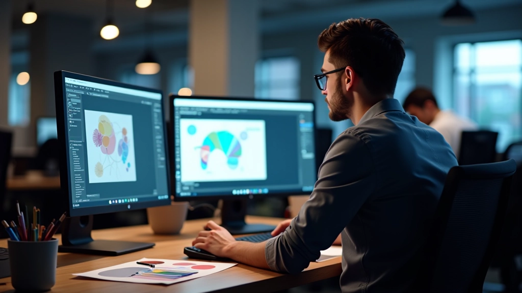 Designer comparing different software interfaces on multiple monitors showing Photoshop, Figma, and Canva side by side