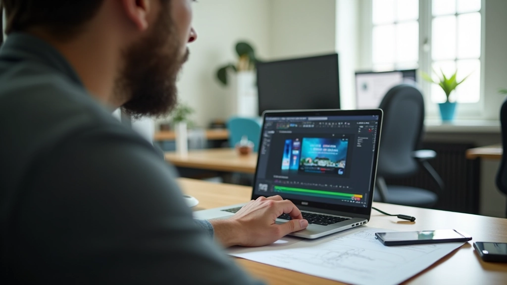 Designer working at desk with laptop showing design software interface and tools