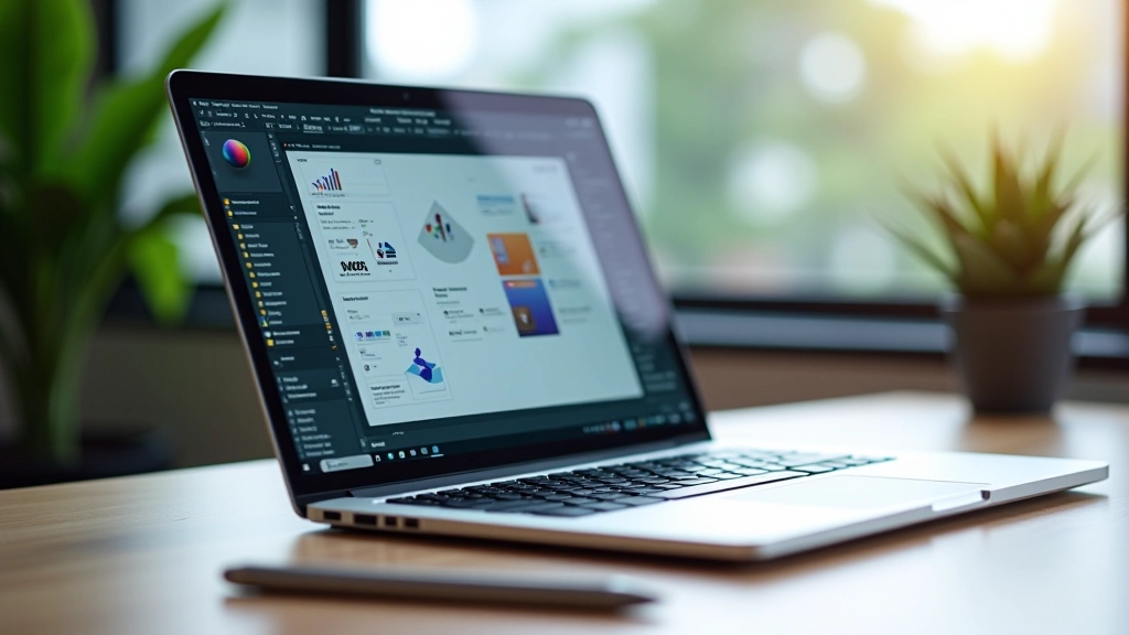 Laptop screen showing multiple design software icons and interfaces side by side in a creative workspace