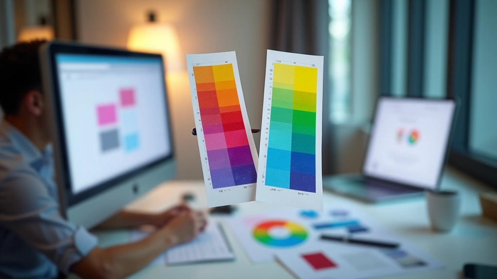 Side-by-side comparison showing RGB color model on screen and CMYK color model in print