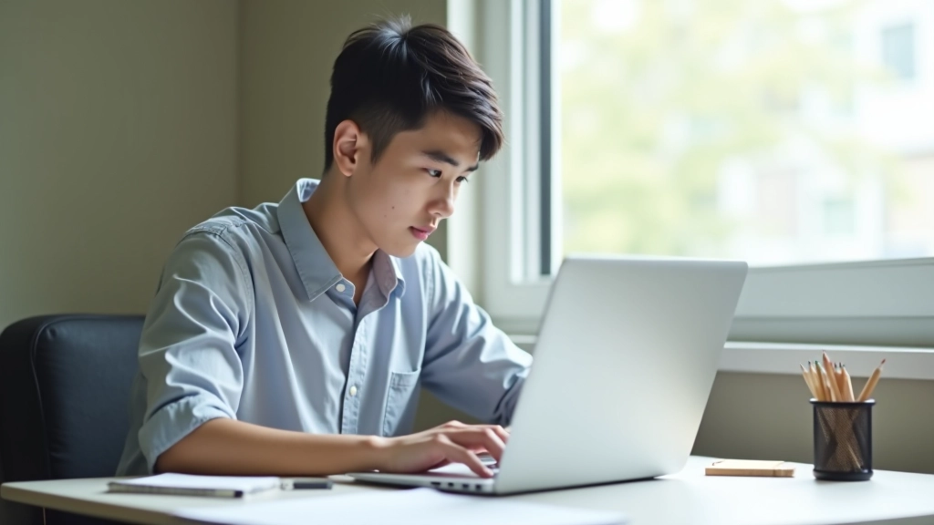 Young designer at computer learning design software with instructional materials and practice sketches on desk